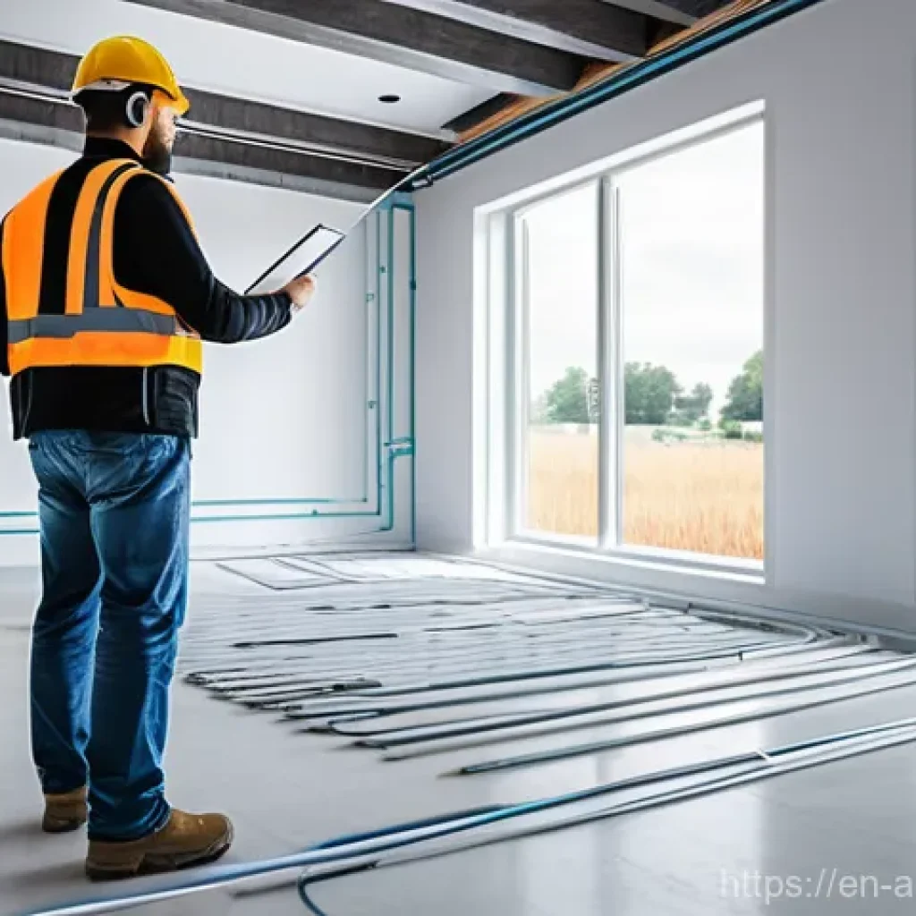 스마트홈 건축 설계 - **Prompt:** A high-angle architectural rendering of a modern, eco-friendly smart home under construc...