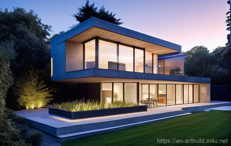 내진 설계 기준 및 적용 - A cutting-edge, modern residential building with expansive glass walls and a striking, minimalist de...