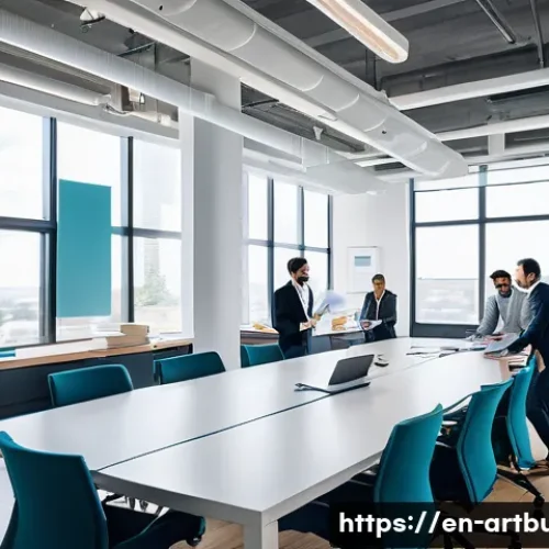 Home 13 건축 시공 프로세스 - A high-resolution image of a modern architectural design meeting in a bright conference room, featur...