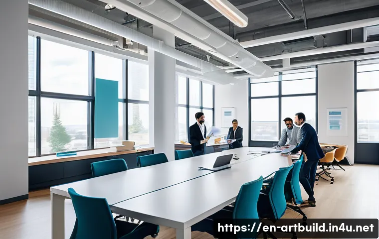 건축 시공 프로세스 - A high-resolution image of a modern architectural design meeting in a bright conference room, featur...