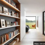 건축 공간 활용 아이디어 - A modern narrow hallway featuring built-in wall niche shelving with custom wooden shelves displaying...