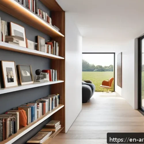 건축 공간 활용 아이디어 - A modern narrow hallway featuring built-in wall niche shelving with custom wooden shelves displaying...