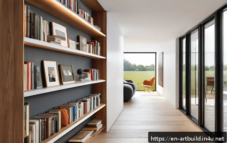 건축 공간 활용 아이디어 - A modern narrow hallway featuring built-in wall niche shelving with custom wooden shelves displaying...