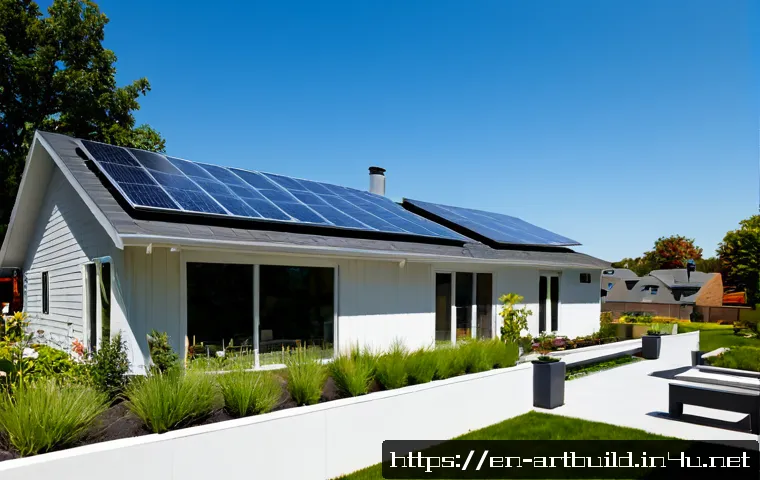 제로에너지 하우스 설계 - Photorealistic wide exterior of a modern zero-energy family home in a quiet American suburban neighb...